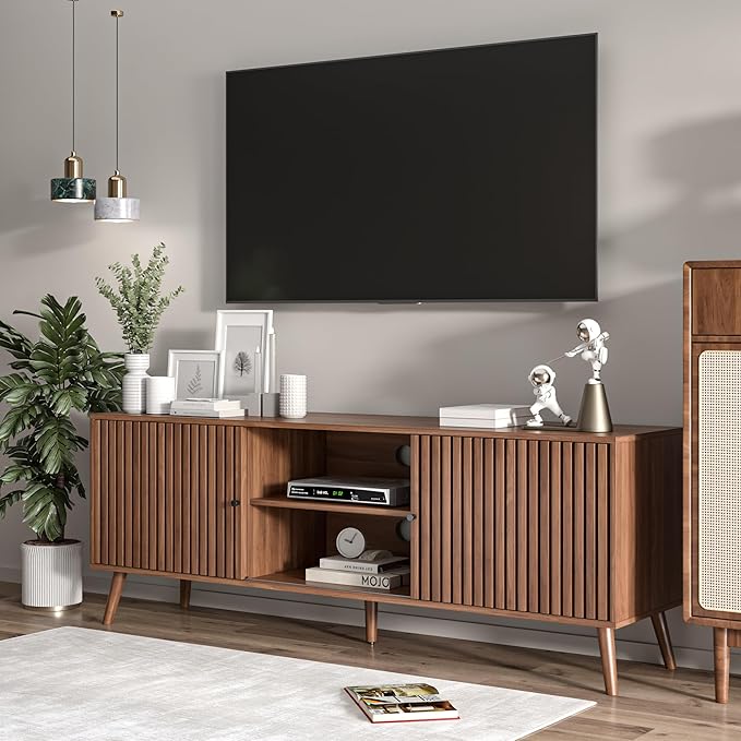 Mid Century Modern TV Stand for Televisions up to 70 Inches, with Sliding Doors and Storage, Television Stands, TV Consoles, Media Consoles for Living Room, 63 Inch (Walnut)