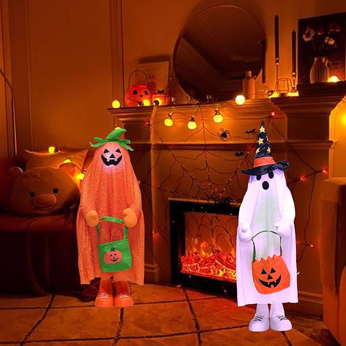 32" Front Porch Light up Halloween Pumpkin Figure Décor, Kit Standing Trick or Treat Indoor and Outdoor Decorations-Pumpkin