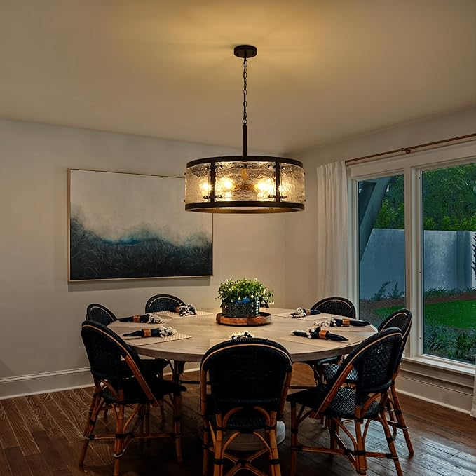 23.6" Large Farmhouse Drum Black Chandelier, 6-Light Vintage Round Glass Chandeliers for Dining Room, Industrial Light Fixture for Kitchen Living Room Stairwell, Clear Waterglass Drum Shade