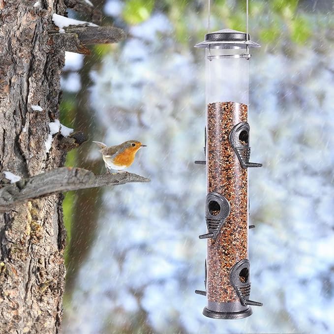 MIXXIDEA 1PK Metal Bird Feeders with 6 Feeding Ports,Tube Bird Feeder with Steel Hanger,Hard Plastic Wild Bird Feeder for Outdoors Hanging, Attracting Birds in Your Lawn, Garden, Balcony-Grey