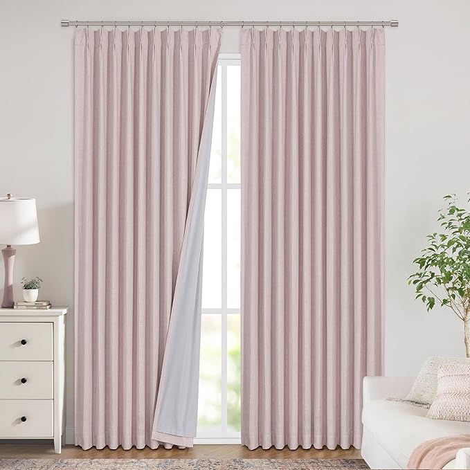 Vision Home Soft Pink Pinch Pleated Full Blackout Curtains Linen Blended Room Darkening Window Curtains 72 inch for Living Room Bedroom Thermal Insulated Pinch Pleat Drapes with Hooks 60" Wx72 Lx1