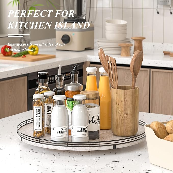 21" Lazy Susan Wood Turntable Organizer for Kitchen Decor, Farmhouse Round Wooden Lazy Susan Organization and Storage for Cabinet, Dining Table, Pantry, Bathroom, Countertop, Centerpiece, Home Decor