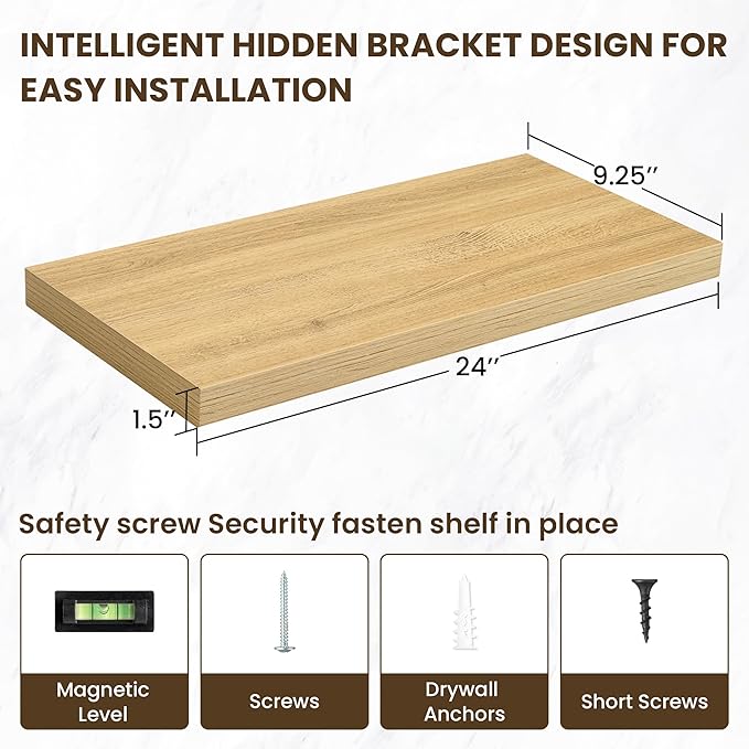 24 Inch Floating Shelves, 12 Inch Deep Floating Shelves for Wall, Floating Shelf with Invisible Brackets, Deep Shelves for Bathroom, Bedroom, Living Room, 2 Pack, Natural