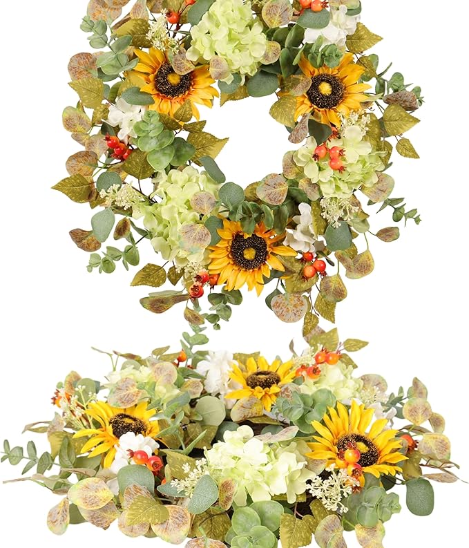 20IN Sunflower Wreath for Front Door Summer Hydrangea Wreath with Eucalyptus Leaves Orange Berries Farmhouse Door Decor for Easter, Mother’s Day, Indoor Outdoor Seasonal Wall Hanging