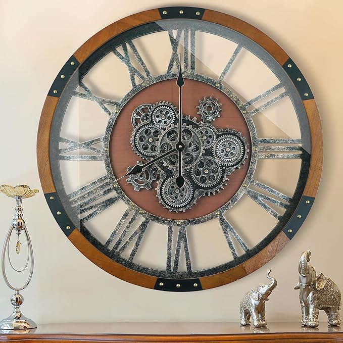 24 Inch Moving Gear Wall Clock, Oversized Wall Clocks, Clock Living Room Decor, Solid Wood Frame, Battery Operated, Large Wall Clock with Steampunk Industrial for Fireplace(Machilus)