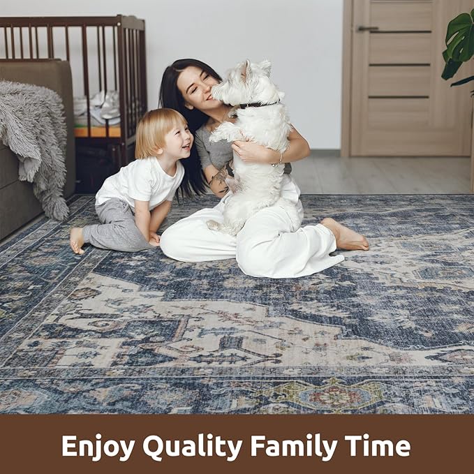AMOAMI-Area Rug 8X10 Rugs for Living Room-Vintage Soft Blue Rugs for Bedroom-Non Slip Carpet-Washable Rug for Dining Room Living Room Bedroom Office Under Table