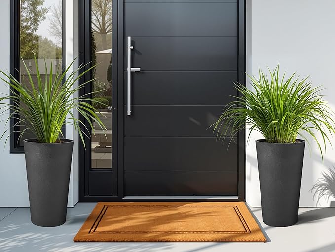 24" Tall Planters for Outdoor Plants, Set of 2 Heavy-Duty Resin Flower Pots, Matte Black Leather Grain Finish, Durable & Weather-Resistant, Ideal for Garden, Patio, Yard, Porch, or Home Use