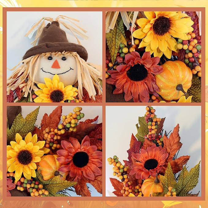 24" Rustic Fall Scarecrow Teardrop Swag β Farmhouse Sunflower & Pumpkin Wreath β Autumn Harvest Hanging Decor for Front Door, Wall, Porch, Indoor/Outdoor