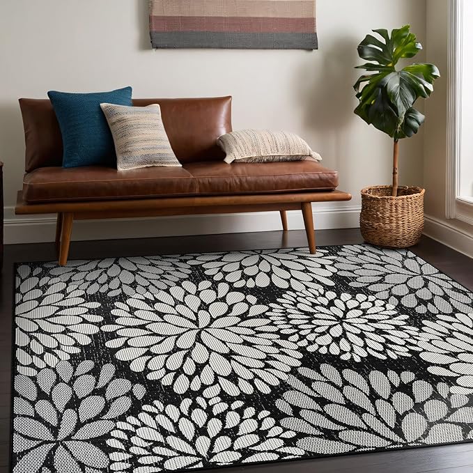 Beverly Rug Outdoor Rug 8x10 Modern Exotic Tropical Leaf Area Rugs for Indoor and Outdoor Patio Deck Porch Garden Water Resistant Washable Outside Carpet (8 x 10 Dark Gray)