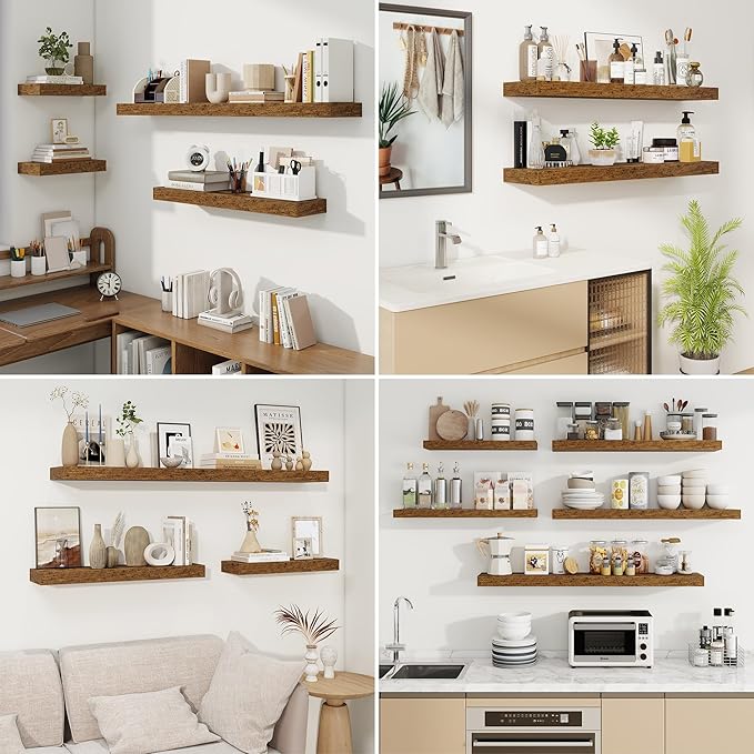 fuqing Floating Shelves for Wall, Bathroom Shelf Wall Mounted for Storage, Shelves with Invisible Bracket for Bedroom, Kitchen, Living Room, Farmhouse Small Book Shelf, 24 Inch Set of 2, Rustic Brown