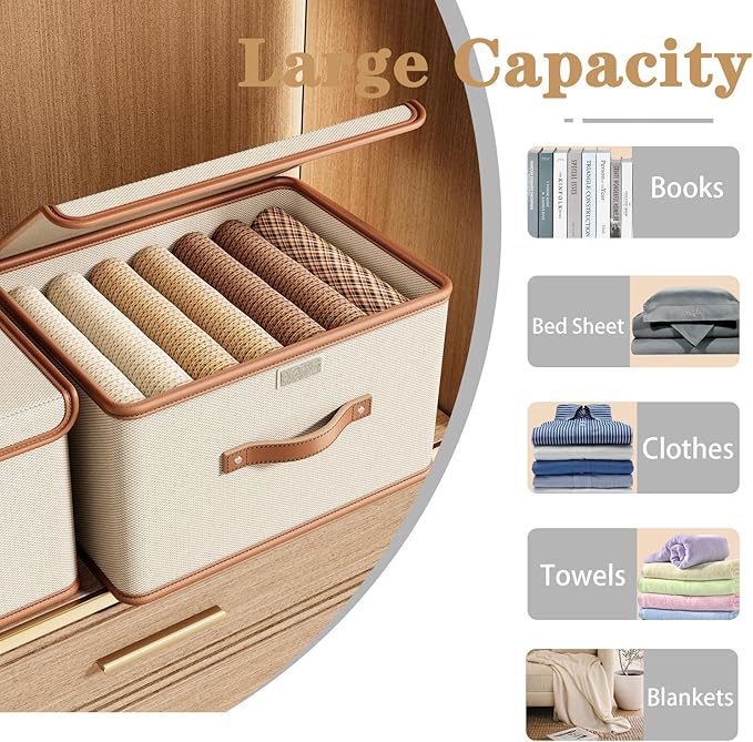 Tuza 4 Pack Storage Bins with Lids, Collapsible Closet Organizer Container, Fabric Organizer Box with Handles, Decorative Storage Boxes with Lids for Organizing Clothes, Books, File, White, Medium