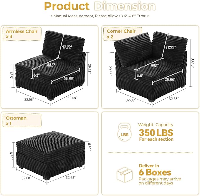 HOOOWOOO Modular Sectional Sofa,6 Pieces Sectional Couches for Living Room,98X98 L Shaped Cloud Couch with Ottoman Chaise Set(Black Velvet Corduroy)