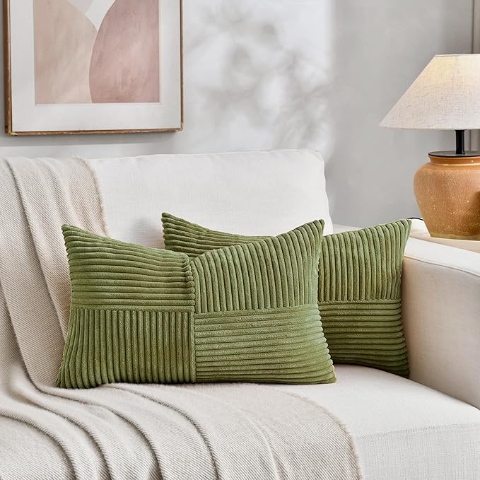 Fancy Homi 2 Packs Moss Green Lumbar Decorative Throw Pillow Covers 12x20 Inch for Living Room Couch Bed, Rustic Farmhouse Boho Home Decor, Soft Striped Corduroy Rectangle Accent Cushion Case 30x50 cm
