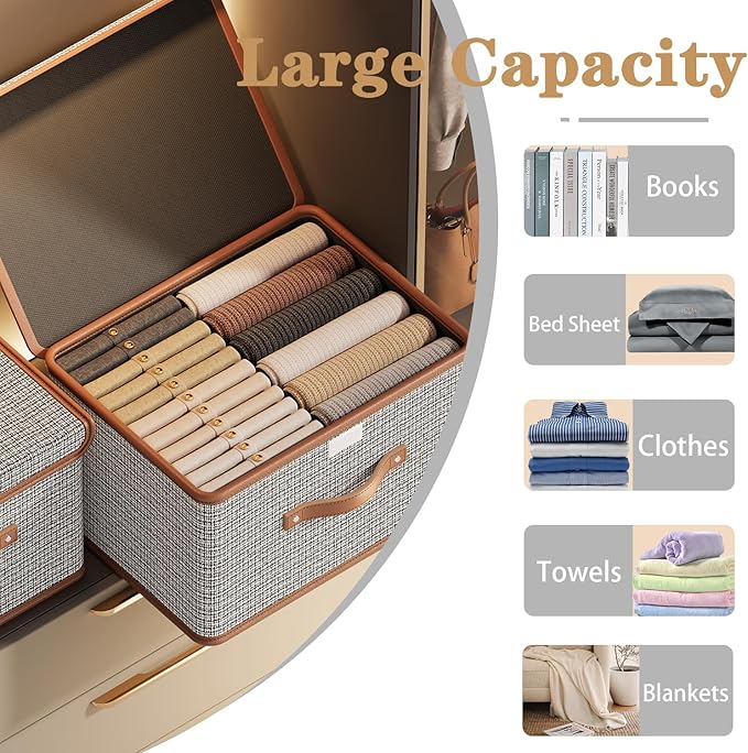 Tuza 4 Pack Storage Bins with Lids, Collapsible Closet Organizer Container, Fabric Organizer Box with Handles, Decorative Storage Boxes with Lids for Organizing Clothes, Books, Light Grey, Large