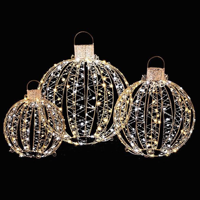 Tangkula Christmas LED Light Balls for Tree (3 Pack), Outside Lighted Sphere with 180 Warm White & 180 Cold White Lights, Holiday Lighted Decorations, Christmas Sphere Balls for Indoor Outdoor Decor