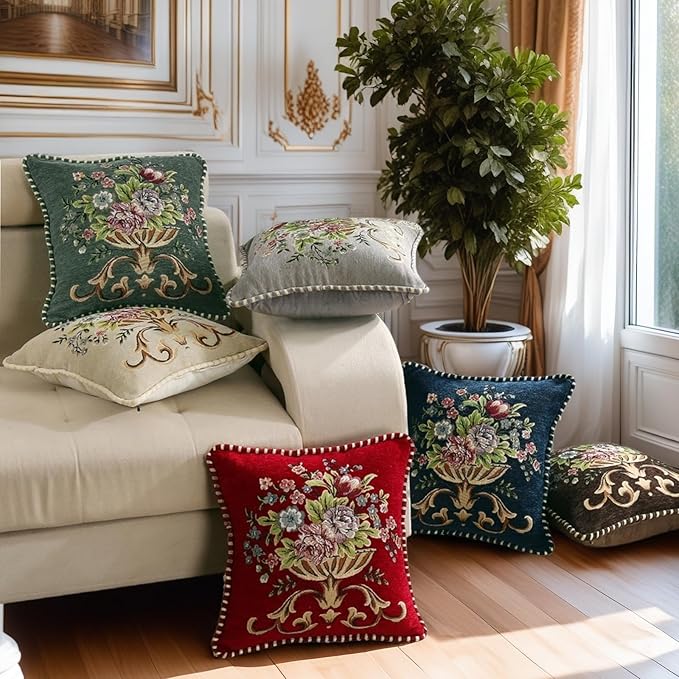 Set of 2 Blue Vintage Embroidered Throw Pillows Covers 18x18in,Vintage Decorations Floral Embroidered Cushion Cover for Sofa Couch Bed Chairs Car
