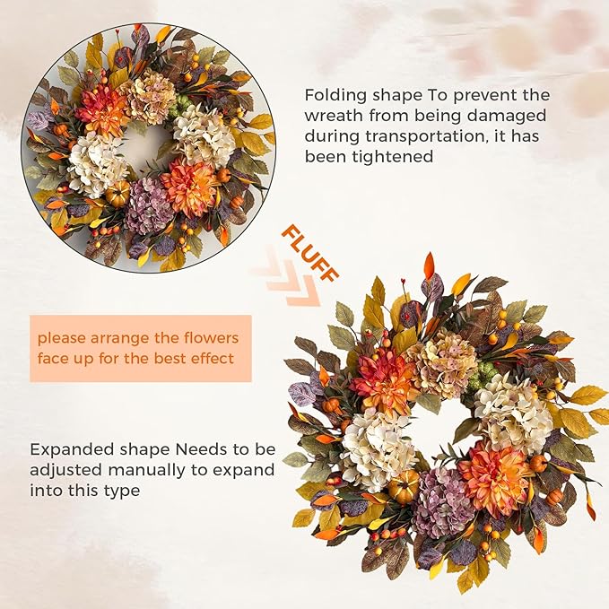 24Inch Fall Wreaths for Front Door,Fall Wreath with Beige Hydrangea,Orange Dahlia Artificial Flowers,Pumpkins,Autumn Wreaths for Harvest Thanksgiving Halloween Indoor Outdoor Home Decor