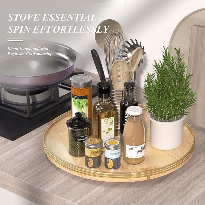 21-Inch Wooden Lazy Susan Turntable – Premium Oak & Iron, Extra Large Rotating Serving Tray for Dining Table, Kitchen Countertop, Farmhouse Décor, Spice Rack, Charcuterie & Entertaining