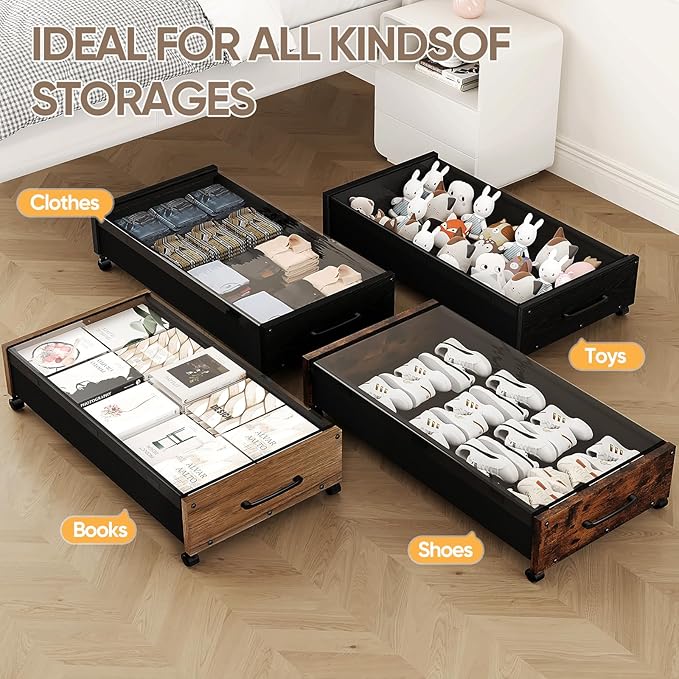 Wooden Under Bed Storage with Wheels, Rolling Under the Bed Storage Bins with Removable Lid, Metal Under Bed Drawers for Clothes and Shoes in Bedroom or Living Room(Vintage Brown-1pack)