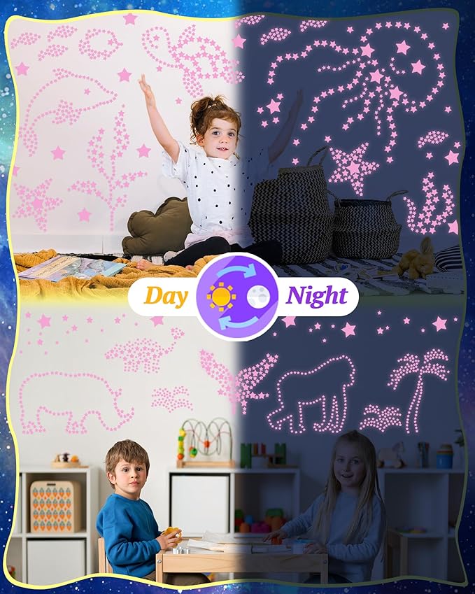 201 Pcs Glow in The Dark Stars Stickers for Ceiling, Pink Toddler Wall Room Decor Gifts, Luminous 3D Glowing Stars Stocking Stuffers for Kids Boys Girls