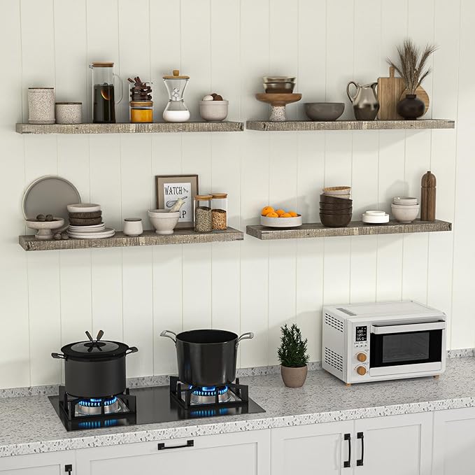 Fun Memories Floating Shelves for Wall Decor, 30"x8" Rustic Reclaimed Wood Shelves, Heavy-Duty Wall Mounted Shelves with Invisible Brackets, Set of 2for Living Room, Bedroom, Kitchen, Grey Finish