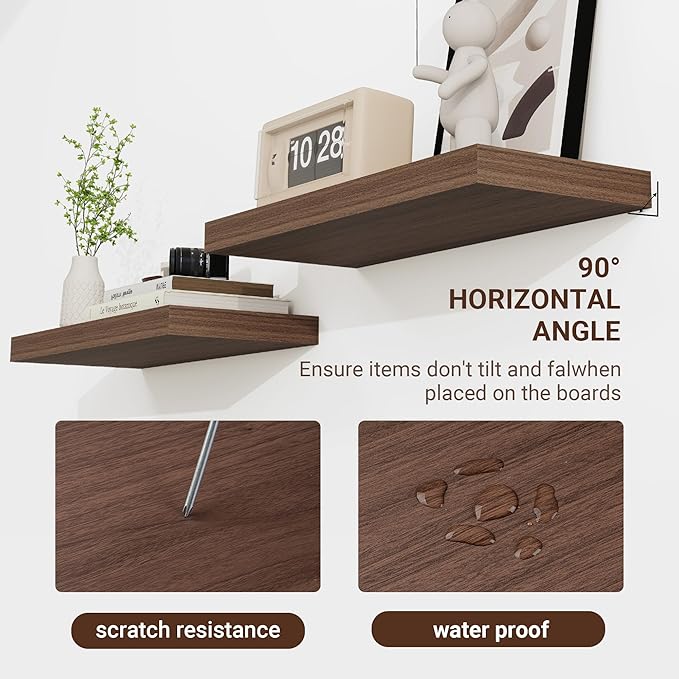 24 Inch Floating Shelves, 24"x9.25"x1.5" Inch Deep Floating Shelves for Wall, Wooden Shelves for Bathroom, Bedroom, Living Room, Walnut