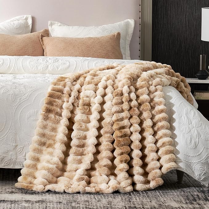 Cozy Bliss Faux Fur Throw Blanket for Couch, Cozy Warm Plush Striped Blanket for Sofa Bedroom Living Room, 50 * 60 Inches Tie-dye Kahki