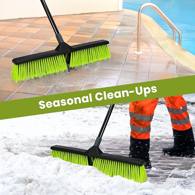 24-Inch Push Broom Outdoor with Stiff Bristle, Heavy Duty Broom Brush with 63” Long Handle for Deck Patio Driveway Garage Warehouse Shop Floor Sweeping & Scrubbing