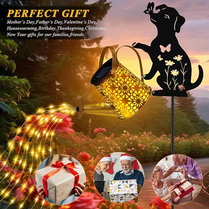 Solar Lights Outdoor Decorative, Watering Can with Cascading Lights, with Dog Silhouette Garden Stakes, Waterproof Metal Garden Decor for Yard Art, Outside, Patio, Lawn Ornaments(1 Pack)