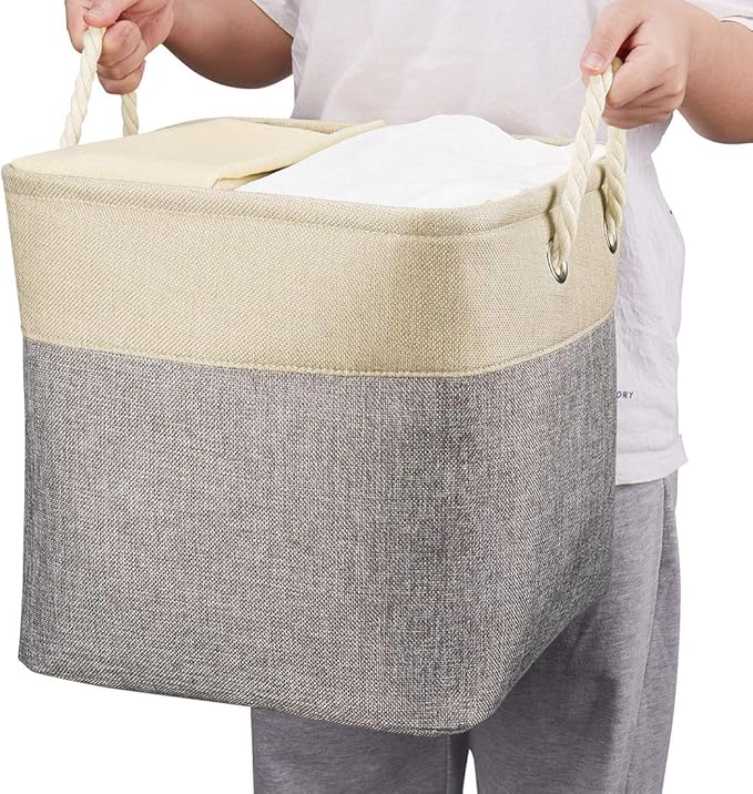 i BKGOO 3Pack Large Foldable Storage Bins,Collapsible Sturdy Cationic Fabric Organizing Storage Basket Cube with Cotton Handles for Home Office Shelf Clothes Toys Khaki-Grey 13×13×13 inch