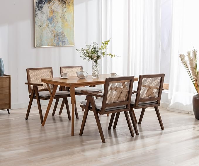 Rattan Dining Chairs Set of 6, Farmhouse Wicker Dining Chairs with Removable Linen Cushion Accent Cane Armchair for Dining Room Kitchen Restaurant, Walnut