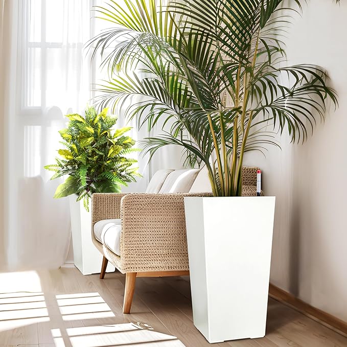 22.5" Tall Planters Set of 2, Outdoor&Indoor Black Planter Pots, High Front Porch Planter Pots with Drainage Holes&Water Level Monitor&Inner Bucket, Automatic Watering, White