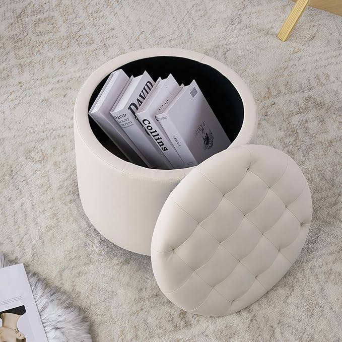 Furniliving Upholstered Button Tufted Round Ottoman, PU Storage Ottoman Round, Removable Lid Convenient Footstools, Classic Ottoman with Storage for Vanity, Nursery Room,IvoryWhite
