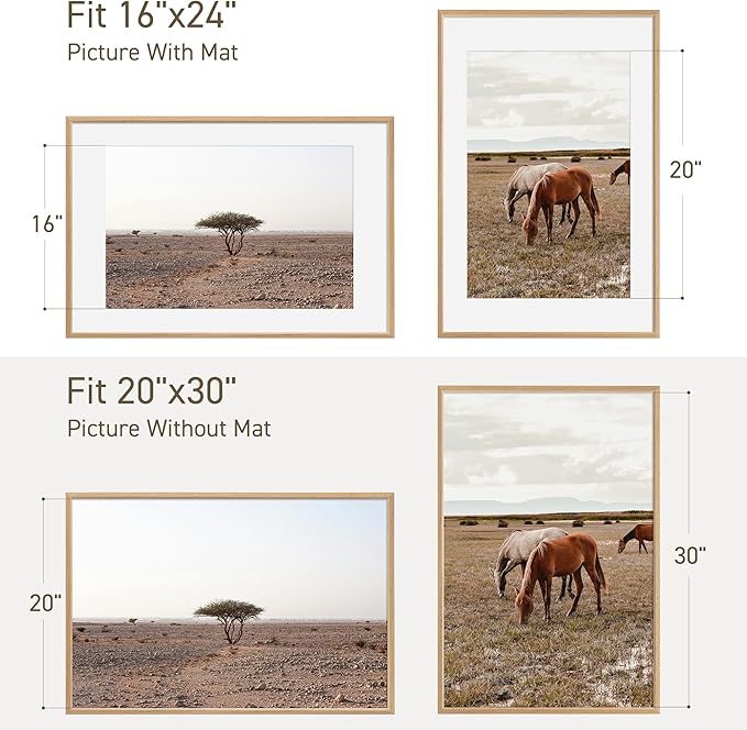 20x30 Poster Frame Natural Solid Oak Photo Frames with 16x24 Removable Mat Wall Hanging Large Handcrafted Frame with HD Plexiglass Wall and Tabletop Display Large Picture Frame