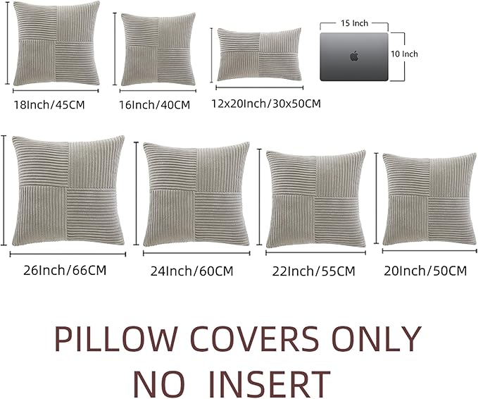 Fancy Homi 2 Packs Neutral Grey Decorative Throw Pillow Covers 22x22 Inch for Living Room Couch Bed Sofa, Rustic Farmhouse Boho Home Decor, Soft Corss Corduroy Patchwork Accent Cushion Case 55x55 cm