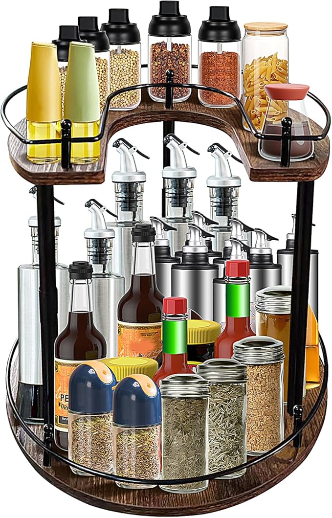 2-Tier Lazy Susan Organizer, Rotating Spice Rack with Stable Carousel Base & 4 Height Settings, Spice Rack Organizer for Cupboard Kitchen Countertop Dining Table