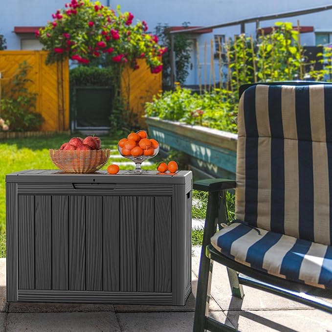 45 Gallon Outdoor Deck Box,Storage Lockable Waterproof Patio Furniture,Garden Tools,Cushions,Pool Accessories Outside Storage Resin Box(Black)