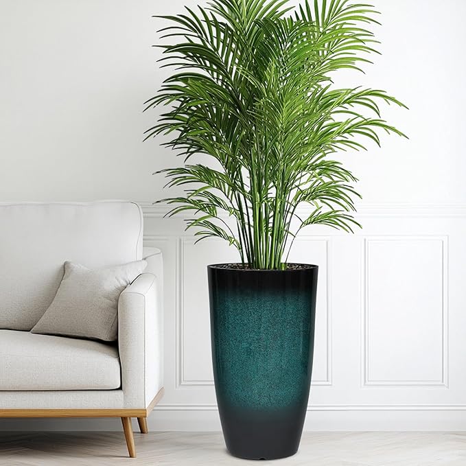 23.6" H Large Tall Outdoor Planters, Set of 2 Plastic Large Flower Pots for Outdoor Plants, with Gradient Turquoise Finish, Weather-Resistant for Porch, Garden, Patio or Indoor Use