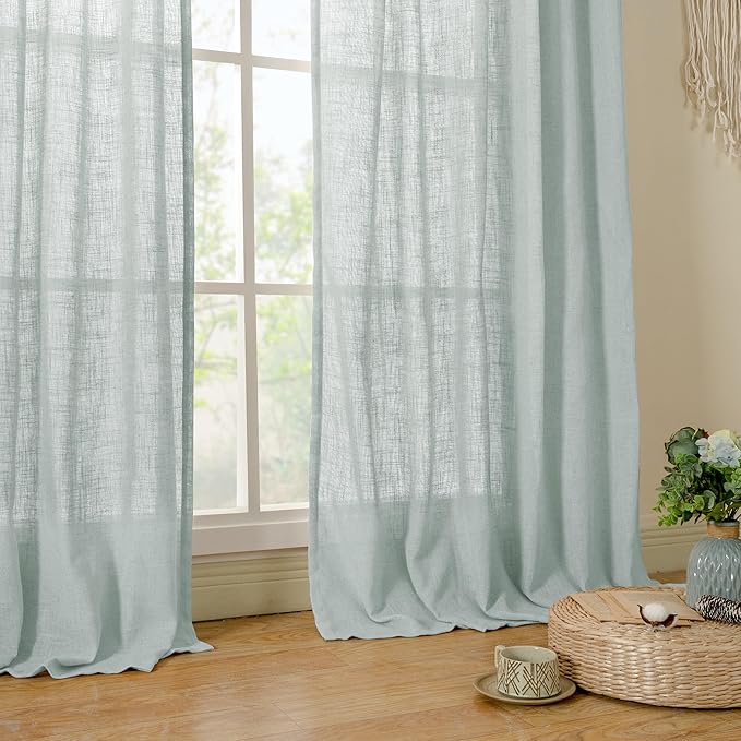 LAMIT Living Room Linen Curtains 95 Inch for Bedroom, Bronze Grommet Linen Textured Sheer Curtains Light Filtering Burlap Drapes for Farmhouse, 2 Panels, 52 x 95 Inch, Greyish Blue