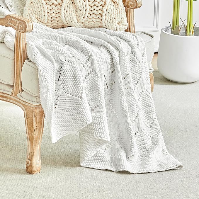 Longhui bedding Chunky Cotton Knit Throw Blanket for Couch, Sofa, Bed, or Chair, Decorative Breathable Fall Cable Knit Blanket 51 x 63 Inches, Medium Weight Cream