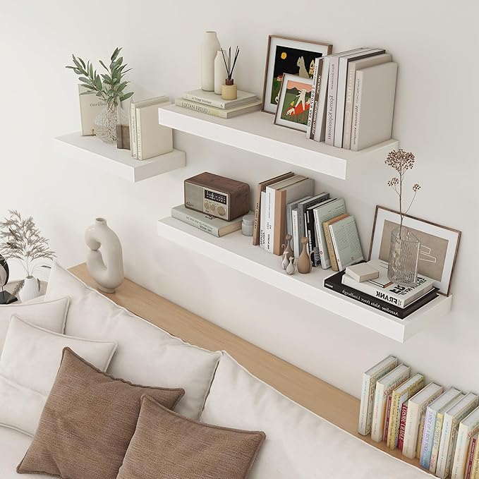 White Floating Shelves for Wall - 48 Inch Wide x 12 Inch Deep Wall Shelves Set of 1 - Rustic Wood Shelves for Living Room, Bathroom, Laundry Room, Bedroom, Kitchen, Home Office