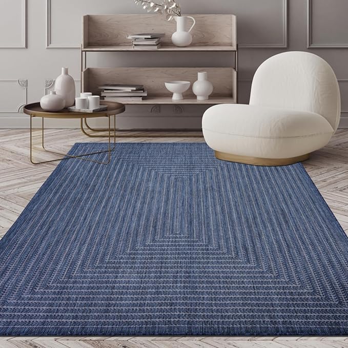 Adiva Rugs Outdoor Indoor Area Rug, Weather Resistant, Easy to Clean, Stain Resistant Floor Mat for Dining Room, Backyard, Deck, Patio (Navy Weiss, 8' x 10')