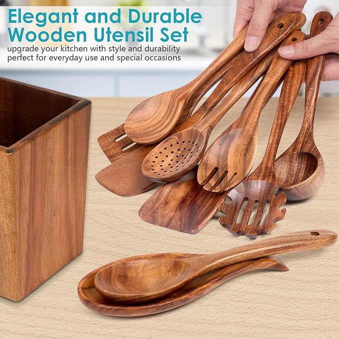 Wooden Spoons for Cooking, Acacia Wood Cooking Utensils Set – 11 Piece Wooden Kitchen Tools with Holder, Spoon Rest, Nonstick Cookware Safe by HOWHONG