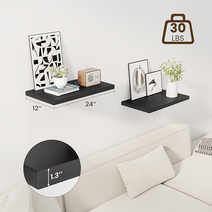 24" Floating Shelves for Wall, 12" Deep Slim Black Floating Shelves, Wall-Mounted Shelves for Bedroom, Living Room, Kitchen, Bathroom - Set of 2