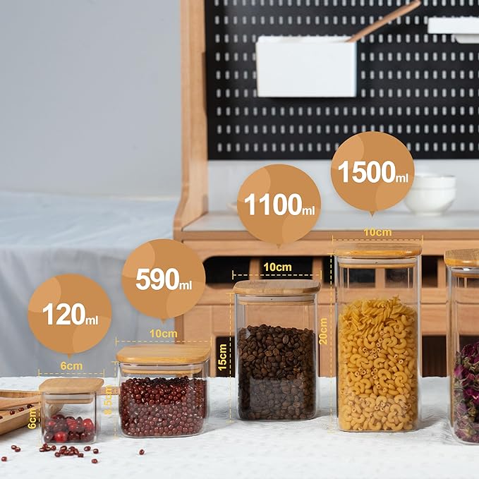 41oz Airtight Glass Square Storage Canister with Bamboo Lid Set of 4 (1200ml) Container Stackable Jar, Kitchen Canister for Pantry Noodles, Flour and Coffee beans (with Black Lable)