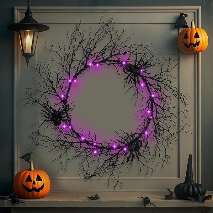 24 Inch Halloween Wreath for Front Door - Lighted Black Spider Wreath with Purple LED Lights, Outdoor/Indoor Spooky Decorations for Halloween Party, Porch, Holiday Home Decor