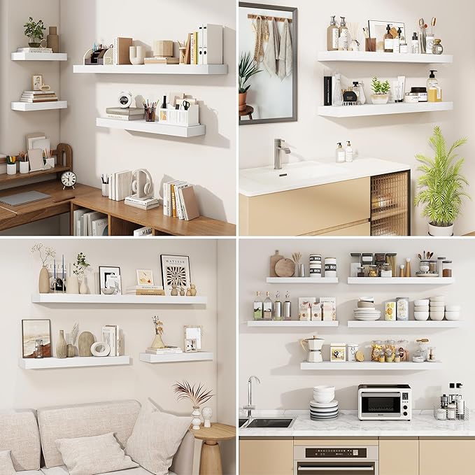 fuqing Floating Shelves for Wall, Bathroom Shelf Wall Mounted for Storage, Shelves with Invisible Bracket for Bedroom, Kitchen, Living Room, Farmhouse Small Book Shelf, 32 Inch Set of 2, White