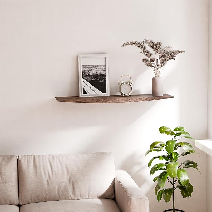 24’’ Black Walnut Floating Shelves - 6 Inch Deep Solid Wood Floating Shelf for Wall, Rustic Zen TV Shelf Wall Mounted, Live Edge Shelf with Invisible Brackets for Living Room, Bedroom, Kitchen.
