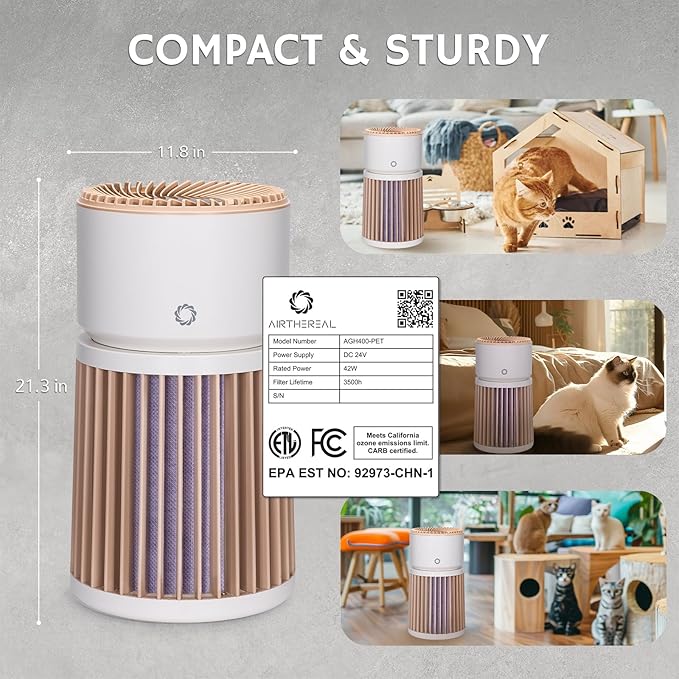 Airthereal Pet Air Purifier with Odor Eliminate H13 Purple Filter - Air Cleaner for Pet Hair, Dander, Cat Urine Odor, Dust, Smoke - Integrated PM 2.5 Air Quality Sensor, 360°Air Intake, AGH400-PET