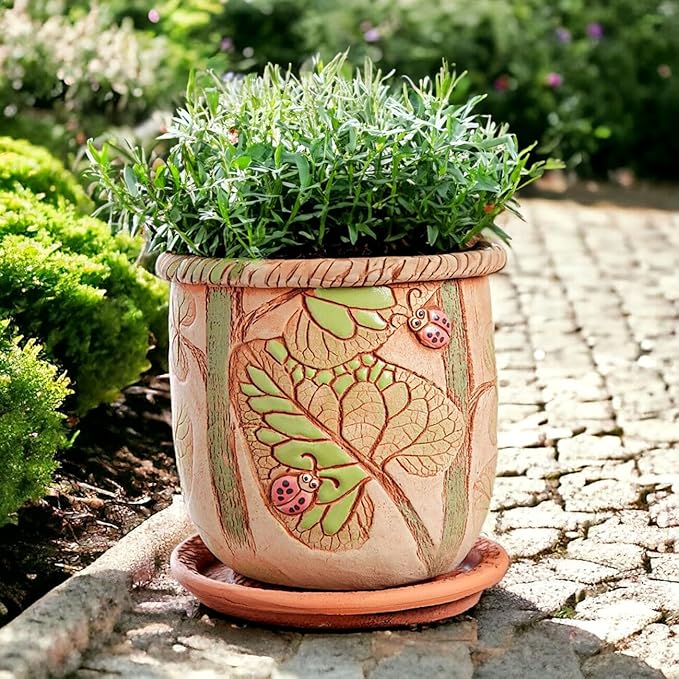 Ceramic Pot with Drainage Hole and Saucer, Plant Pots, Modern Decorative Planters for House Plants Indoor Flowers Plants, Cute Flower Pot - Gifts (Ladybugs (3 L))